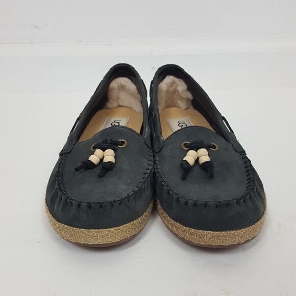 Ugg Logo Black Leather Casual Espadrille Deck Boat - Picture 5 of 7